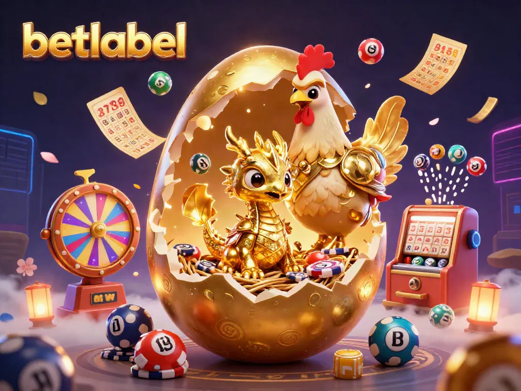 Experience the thrill of betlabel with a golden dragon guarding poker chips amid vibrant lottery elements.