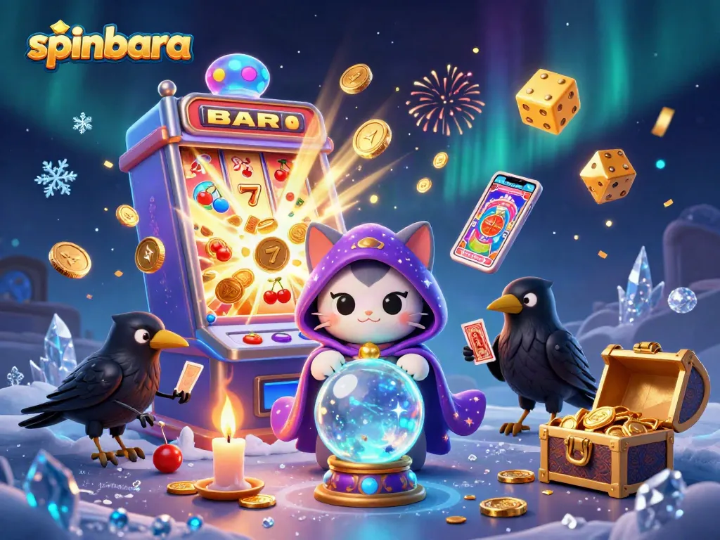 Experience the excitement at Spinbara Casino with 3D characters, slot machines, and a vibrant gaming atmosphere.