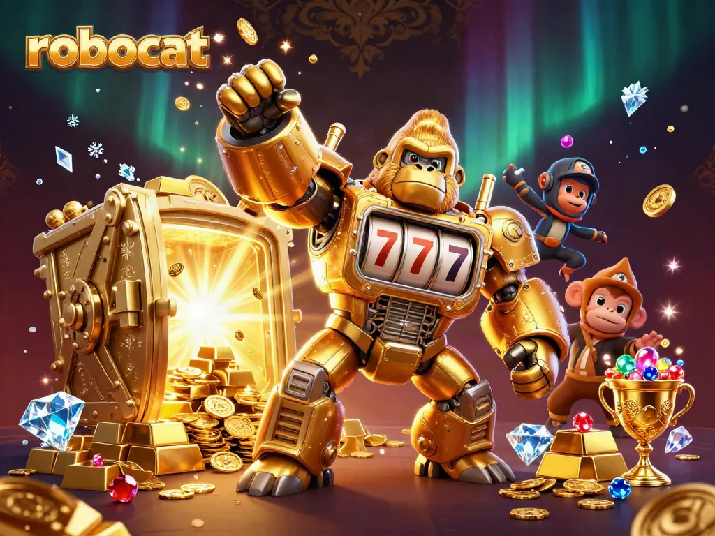 Robocat features a golden gorilla mech and slot machine elements in a vibrant casino scene.