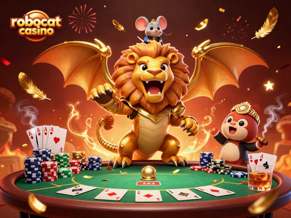 Experience the excitement at robocat casino with a vibrant 3D illustration of a chimera and poker elements.