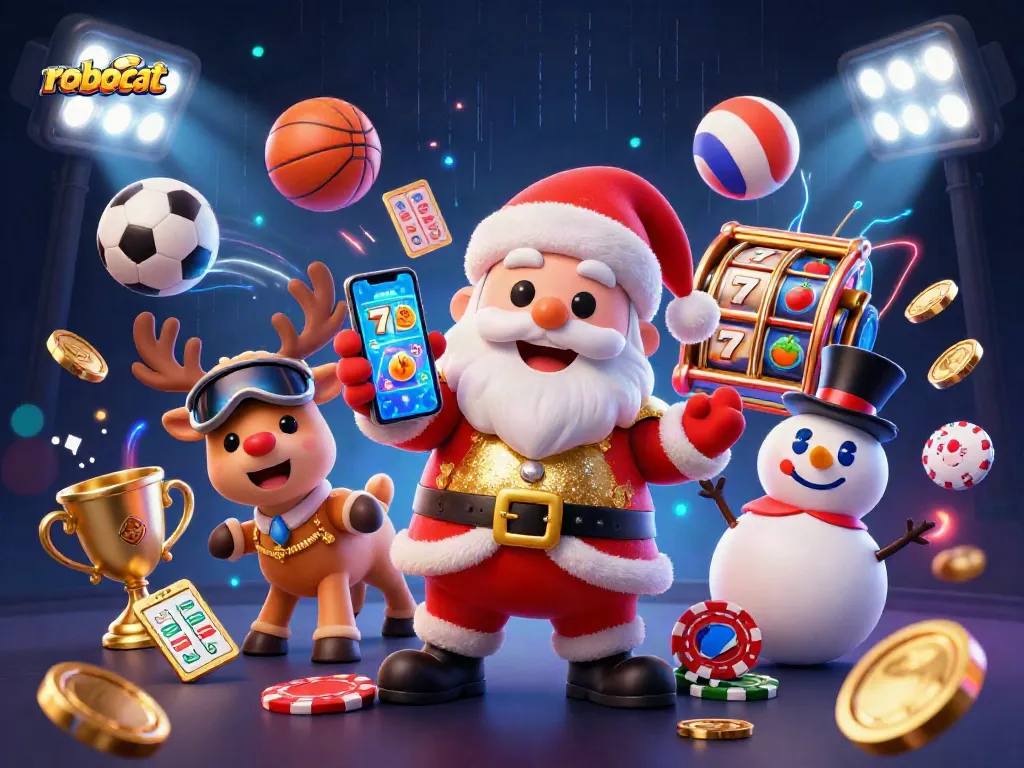 Robocat rewards players with jackpot slots and casino excitement in a festive scene.
